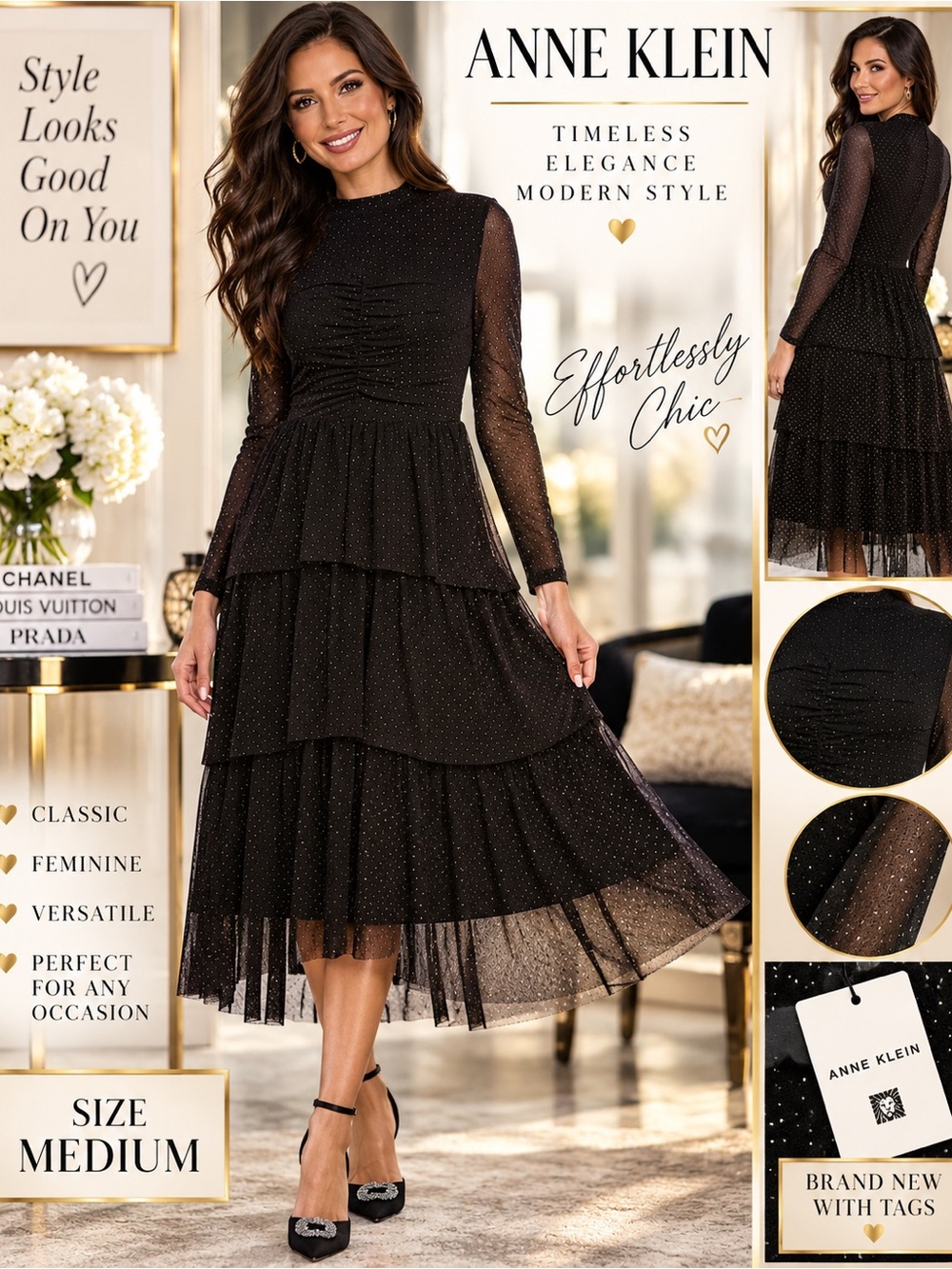 Anne Klein Black Sheer-Sleeve Tiered Midi Dress with Sparkle